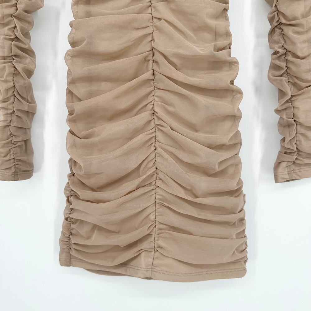 Michael Costello x REVOLVE Franky Mini Dress Mesh Ruched Long Sleeve, Taupe - Picture 8 of 14